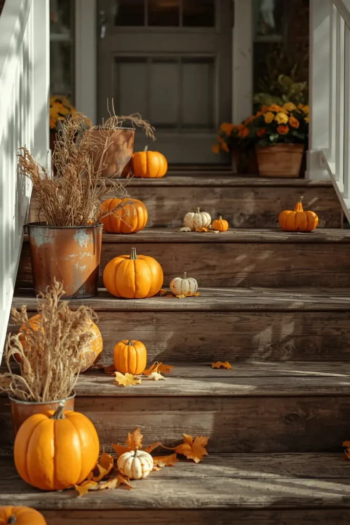 23 Vintage Halloween Decor Ideas That Look Straight Out of an Old Storybook 3 front porch steps, featuring graduated vintage tin pumpkin buckets