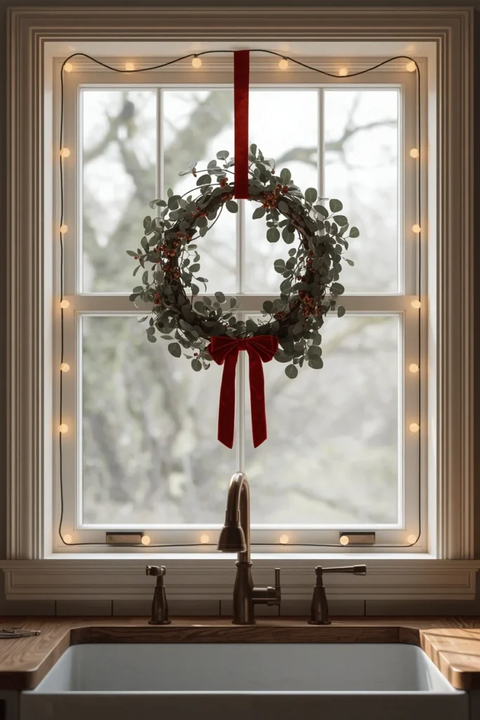 19 Ways to Decorate a Farmhouse Kitchen for Christmas (Cozy, Budget-Friendly Ideas) 3 farmhouse kitchen window, featuring a berry and eucalyptus wreath tied