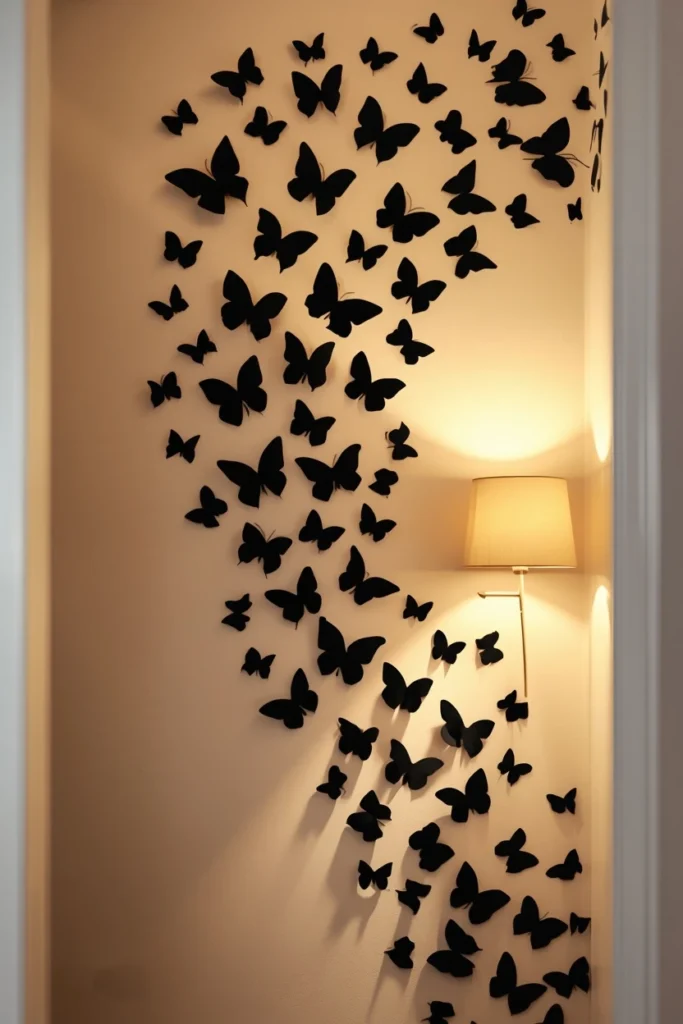 25 Whimsical Halloween Decor Ideas That Feel Spooky and Cute 3 entryway wall, featuring dozens of black paper butterfly silhouettes