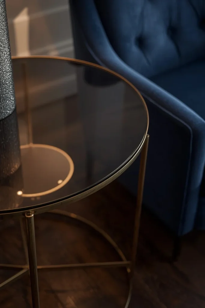 22 Cosmic Interior Design Ideas for a Starry, Galaxy-Inspired Home 21 furniture detail shot, featuring a smoked glass side table with an antique brass frame beside a velvet