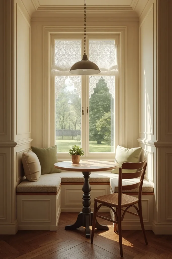dining nook, featuring a window seat bench with cushions, a small round table, and one wooden chair,