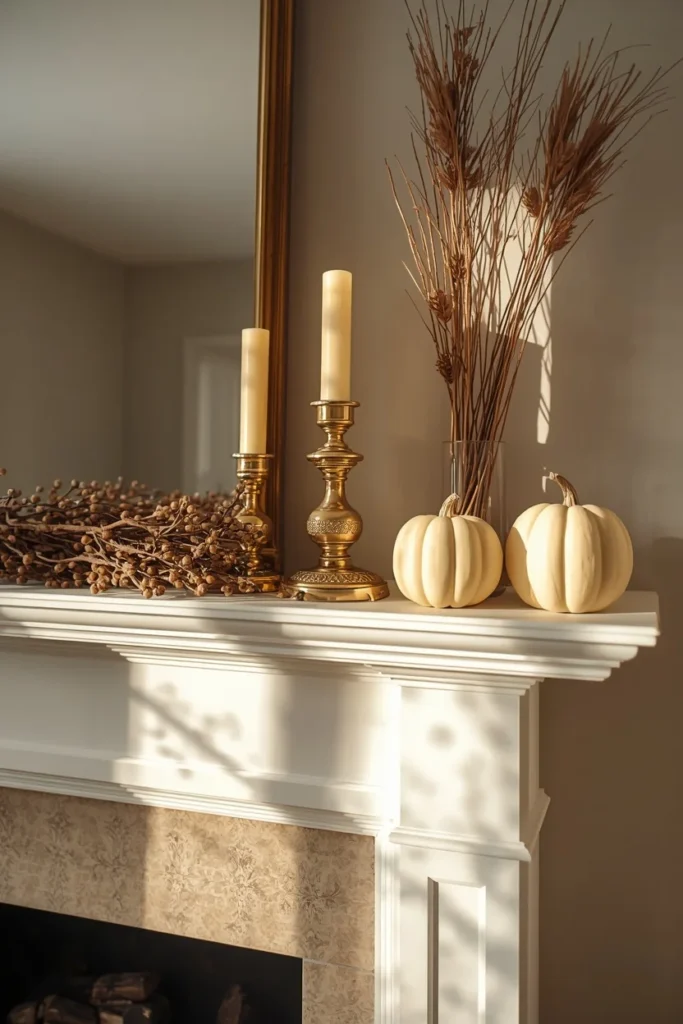 20 Cozy Warm Neutral Fall Living Room Ideas Anyone Can Recreate 21 living room fireplace mantel close-up, featuring a leaning mirror