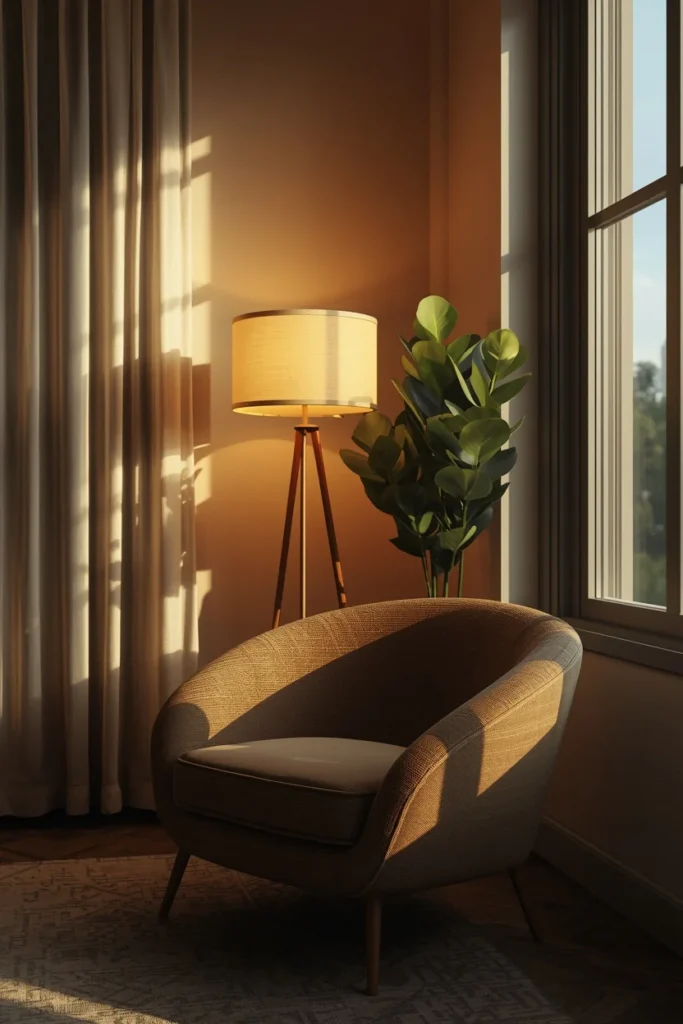 small living room shot, featuring a curved sofa paired with a tall slim floor lamp and a tall leafy plant