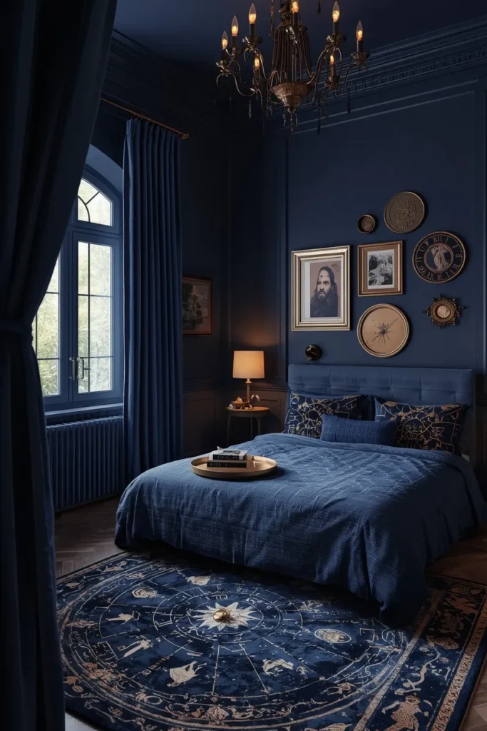 bedroom, featuring deep indigo walls with metallic gold curtain hardware,