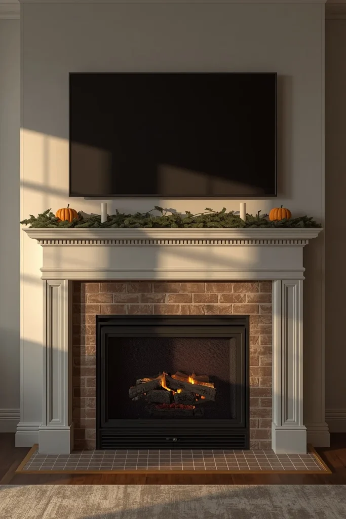 living room fireplace with a mounted TV above the mantel, featuring a low horizontal garland,