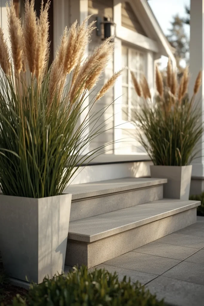 23 Fall Front Porch Decor Ideas Neighbors Will Envy 21 front porch steps, featuring tall potted ornamental grasses in matte neutral planters