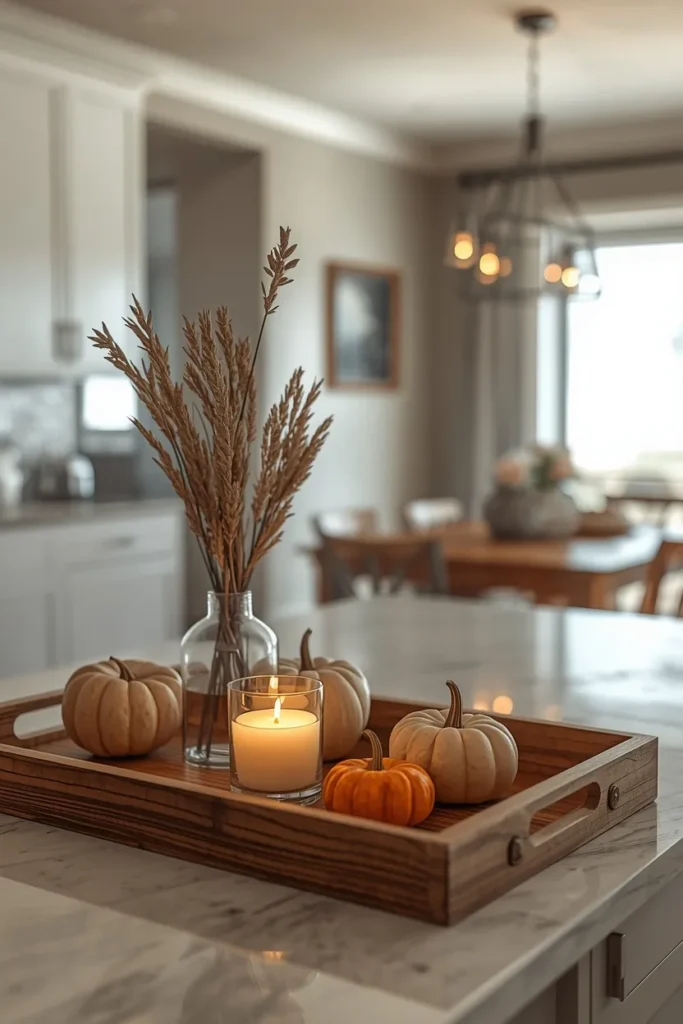 20 Fall Kitchen Decor Ideas That Are Easy to Recreate 21 kitchen, featuring a wood tray styled with a lit candle, small vase of dried stems
