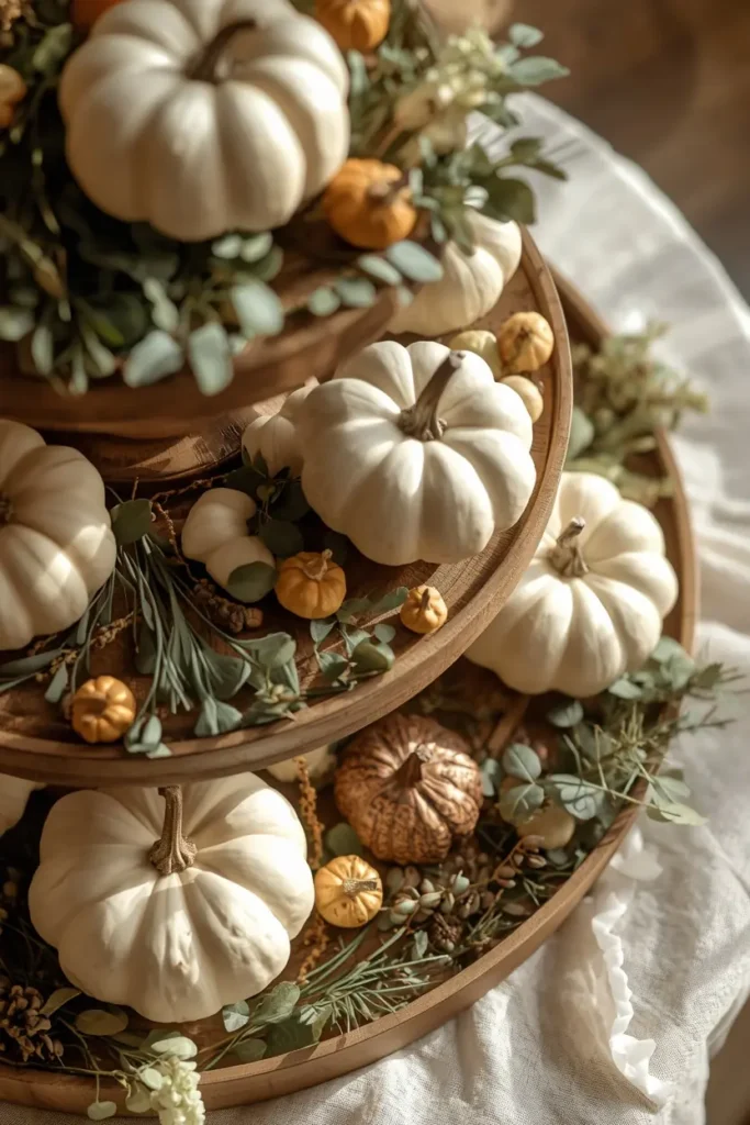  tiered tray close-up, featuring a neutral base of white pumpkins, natural wood risers