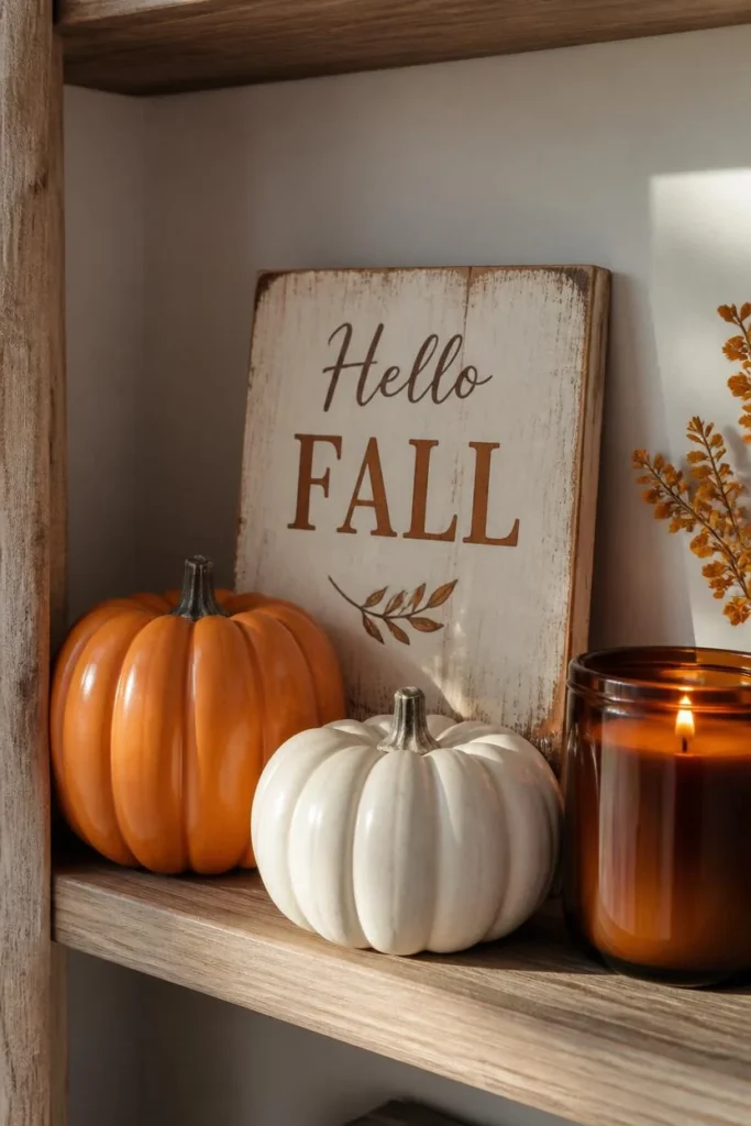 shelf vignette, featuring a small distressed wood sign reading a simple autumn 