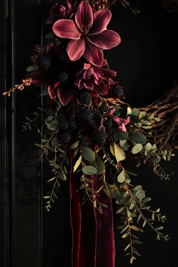 24 Fall Wreath Ideas to Welcome the Season in Style 21 front door close-up, featuring a wreath combining deep plum florals, dark blackberry clusters