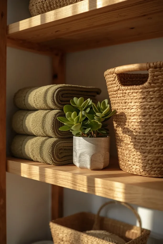 21 Green Bathroom Ideas That Bring Nature's Calm Into Your Home 21 bathroom shelf styling, featuring stacked olive green towels