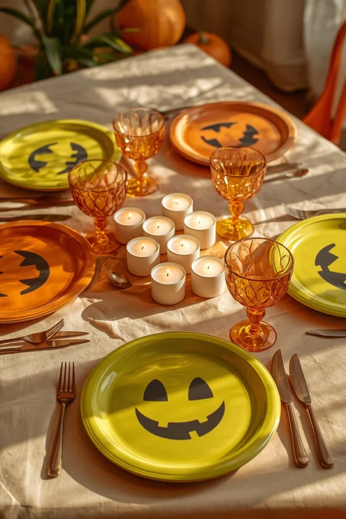 bright kid-friendly Halloween table shot, featuring lime green and tangerine orange melamine plates 