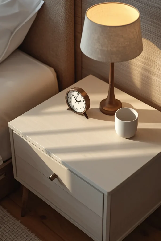  Japandi bedroom nightstand, featuring a completely clear surface