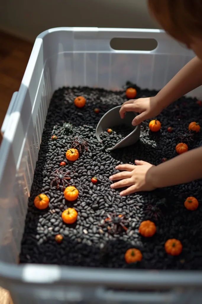  sensory bin activity, featuring a large plastic bin filled with dried black beans 