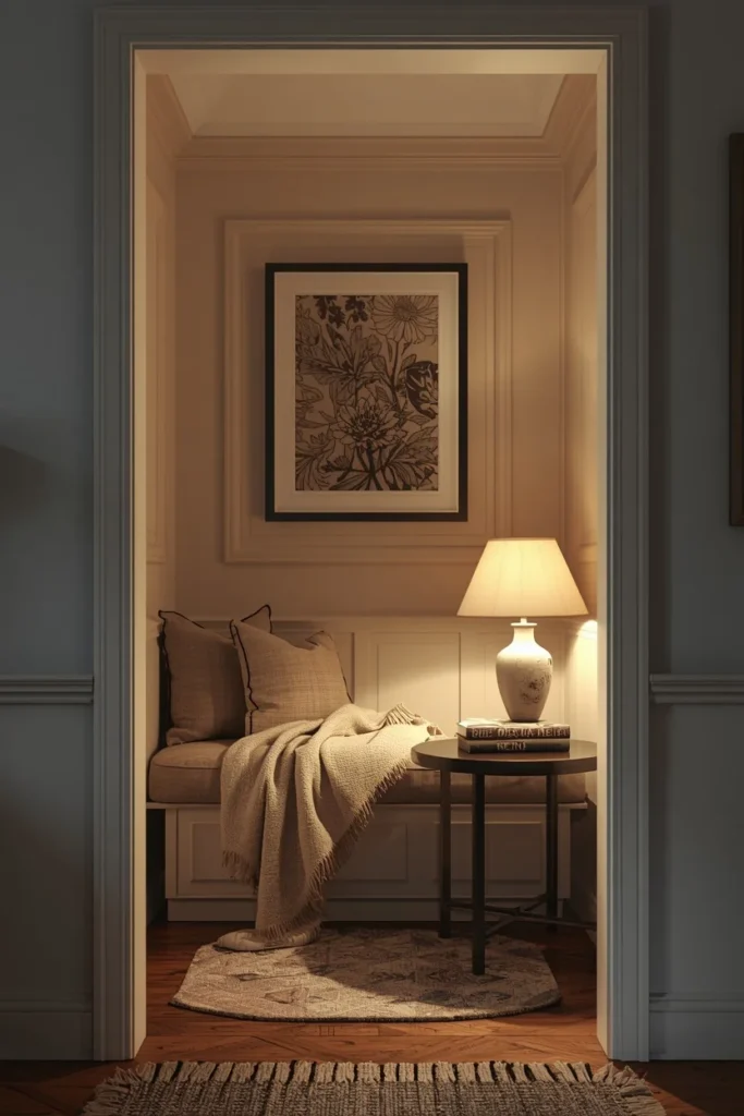 21 Kitchen Banquette Seating Ideas That Make Every Meal Feel Special 21 kitchen alcove, featuring a corner banquette styled as a reading nook with a folded throw blanket