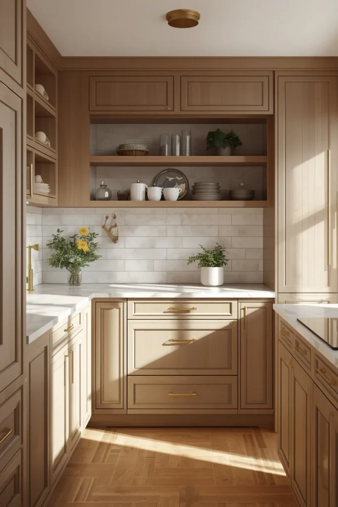  kitchen, featuring warm stone khaki-toned cabinets, brass hardware, a light quartz countertop,