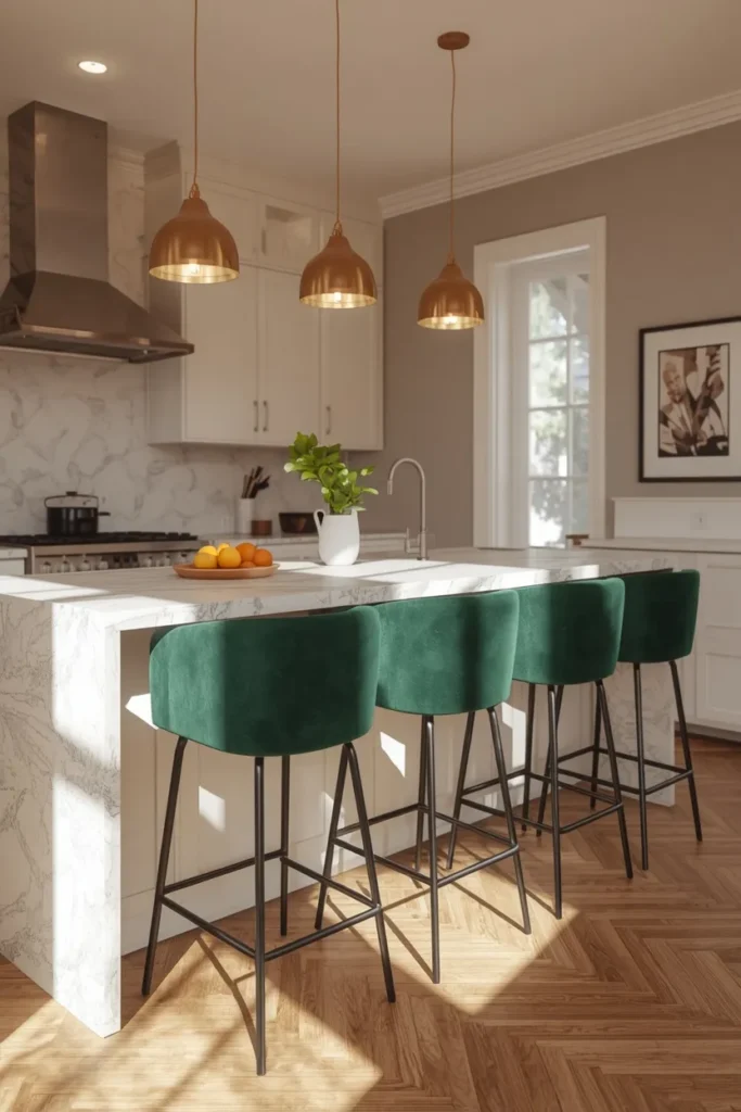  kitchen island, featuring a neutral white island paired with a row of deep green