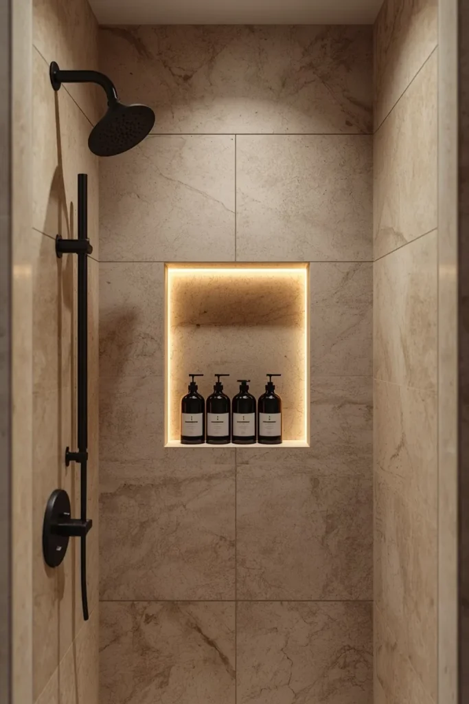 25 Modern Bathroom Designs That Look Like a 5-Star Spa Retreat 21 bathroom shower, featuring soft travertine stone tile walls, a recessed niche shelf