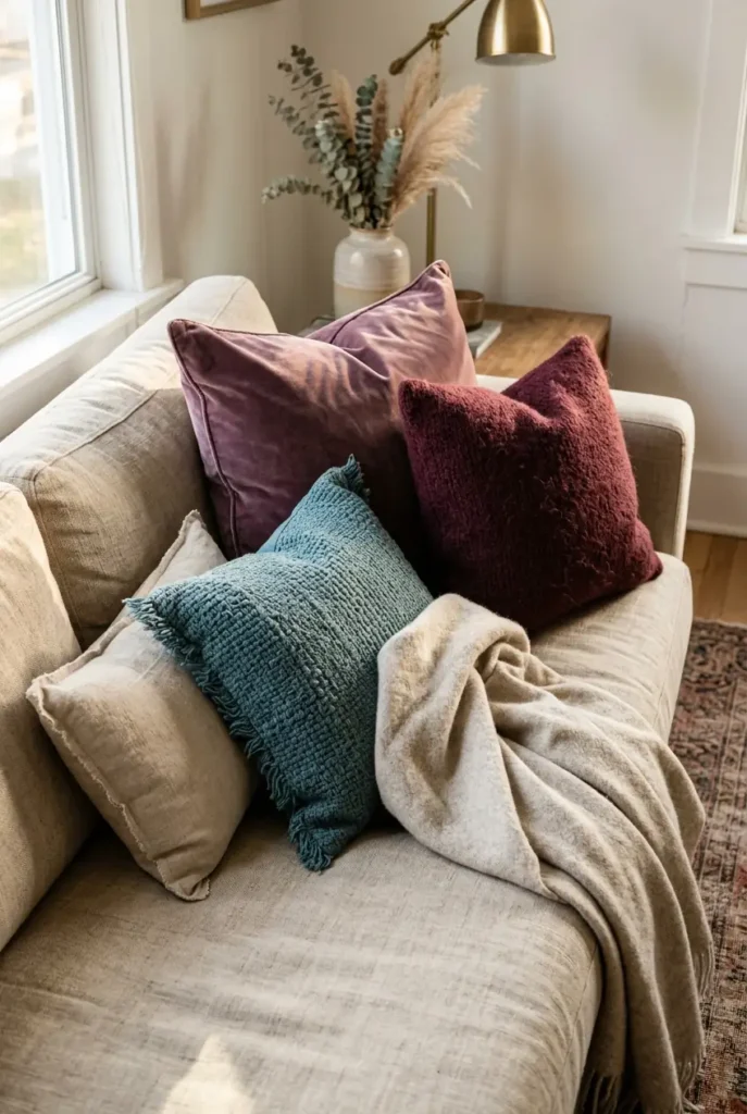  sofa styling shot, featuring a neutral linen sofa with plum velvet,
