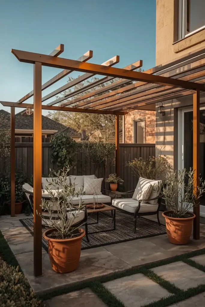 backyard patio, featuring a bronze-toned metal pergola, terracotta planters