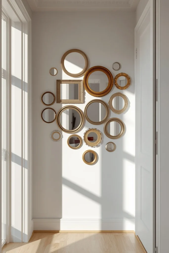 c small apartment hallway, featuring a cluster of small mirrors in varying shapes 