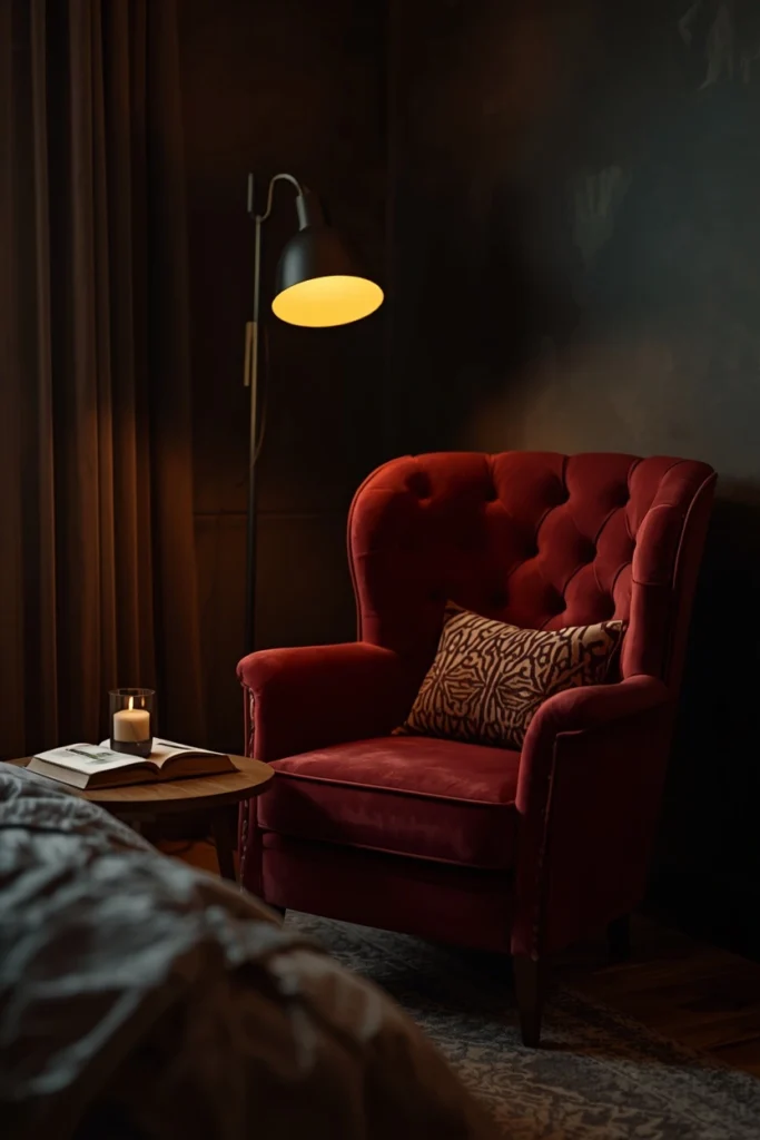 21 Vampy Romantic Bedroom Ideas for a Moody, Gothic-Chic Retreat 21 bedroom corner shot, featuring a deeply tufted burgundy velvet reading chair