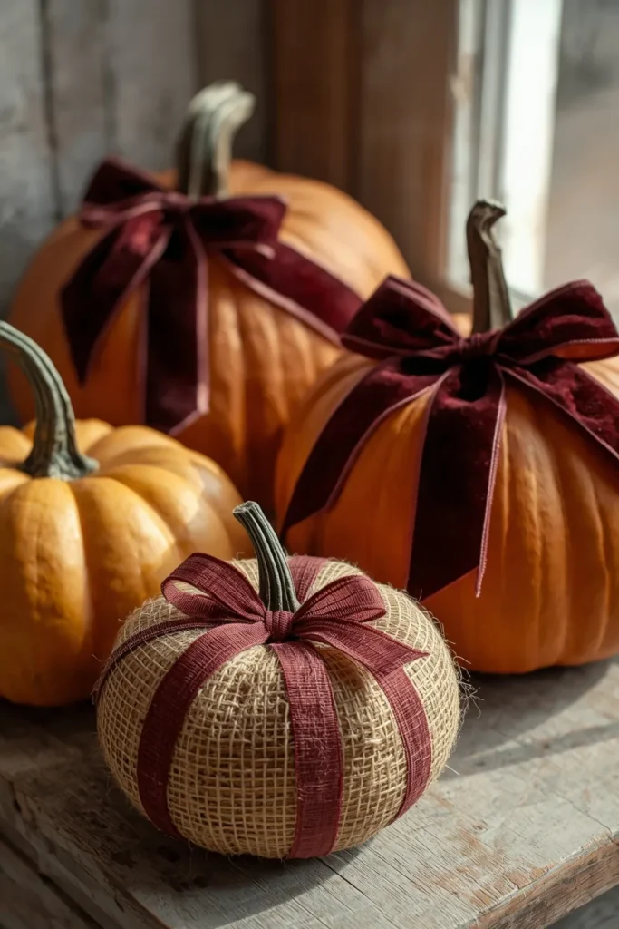 23 Vintage Halloween Decor Ideas That Look Straight Out of an Old Storybook 21 pumpkin styling close-up, featuring pumpkins wrapped in faded burgundy velvet ribbon