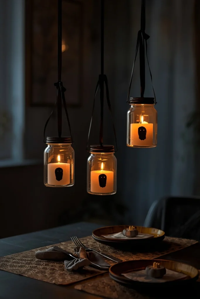 25 Whimsical Halloween Decor Ideas That Feel Spooky and Cute 21 dining table, featuring three glass lantern jars suspended at different heights