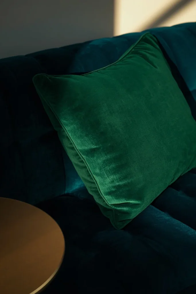 22 Cosmic Interior Design Ideas for a Starry, Galaxy-Inspired Home 22 styling vignette, featuring a deep emerald green velvet throw pillow on a midnight blue velvet sofa