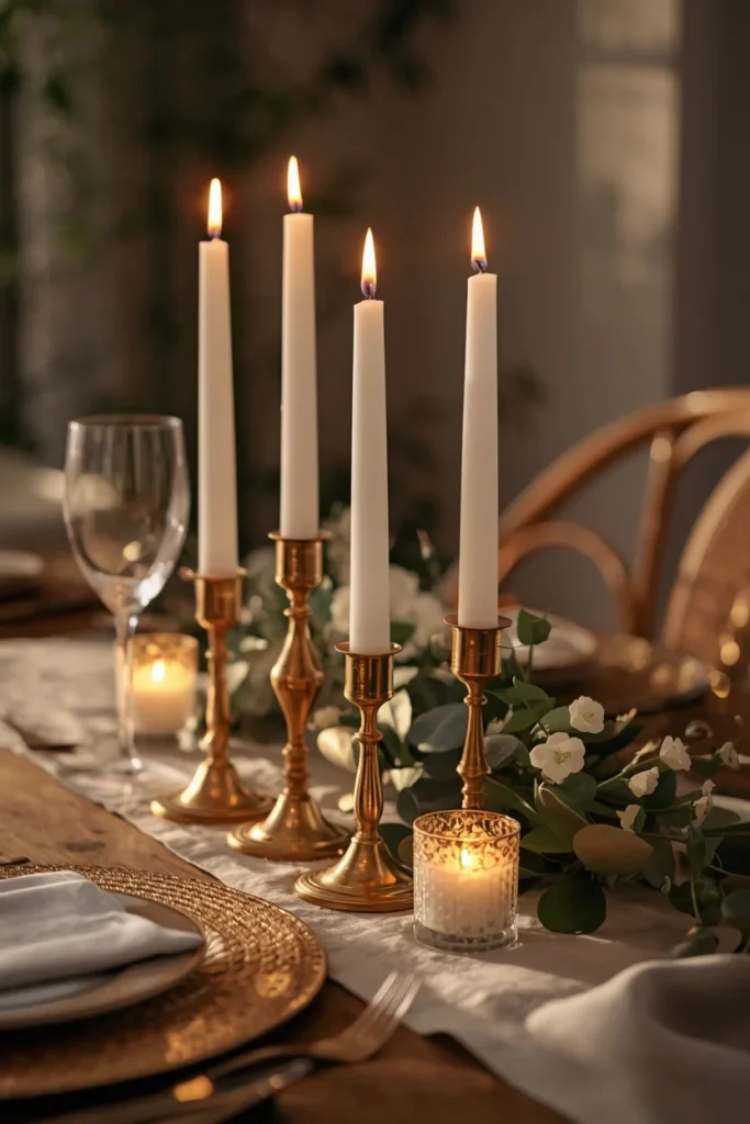 dining table close-up, featuring mismatched brass and copper candlesticks with lit taper candles, 