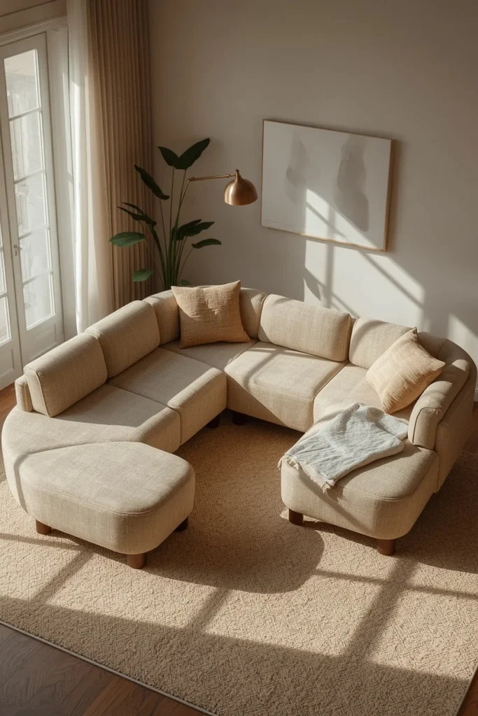  small living room shot, featuring a modular curved sofa system with two sections separated