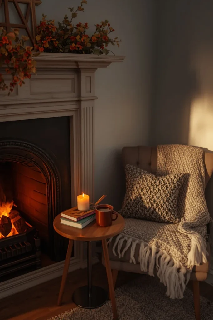 cozy reading nook beside a fireplace, featuring a side table with a warm mug, a lit candle,