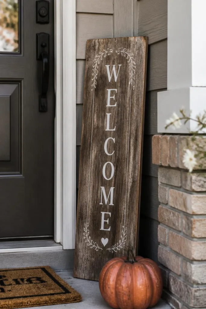 23 Fall Front Porch Decor Ideas Neighbors Will Envy 22 front porch entry, featuring a weathered wood sign leaned against the wall near the front door