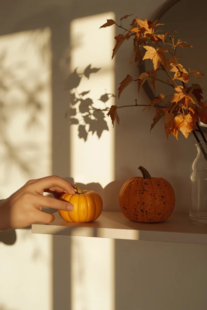  living room shelf, featuring a nearly finished fall vignette with a hand