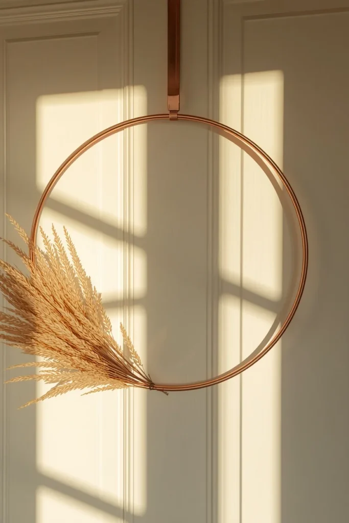 24 Fall Wreath Ideas to Welcome the Season in Style 22 front door close-up, featuring a sleek copper metal hoop wreath with one small cluster of dried grasses