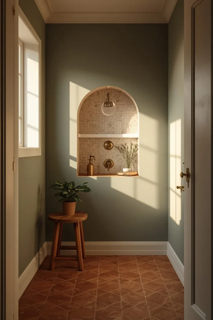21 Green Bathroom Ideas That Bring Nature's Calm Into Your Home 22 bathroom, featuring warm terracotta floor tile paired with sage green painted walls,