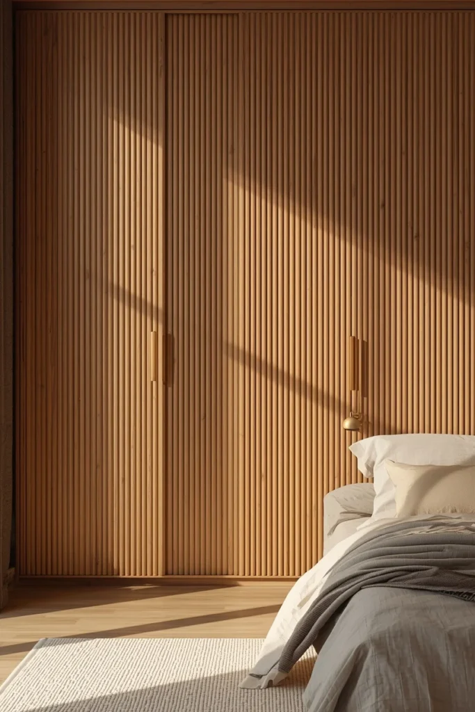 Japandi bedroom, featuring a large fluted wood wardrobe with vertical ribbed detailing