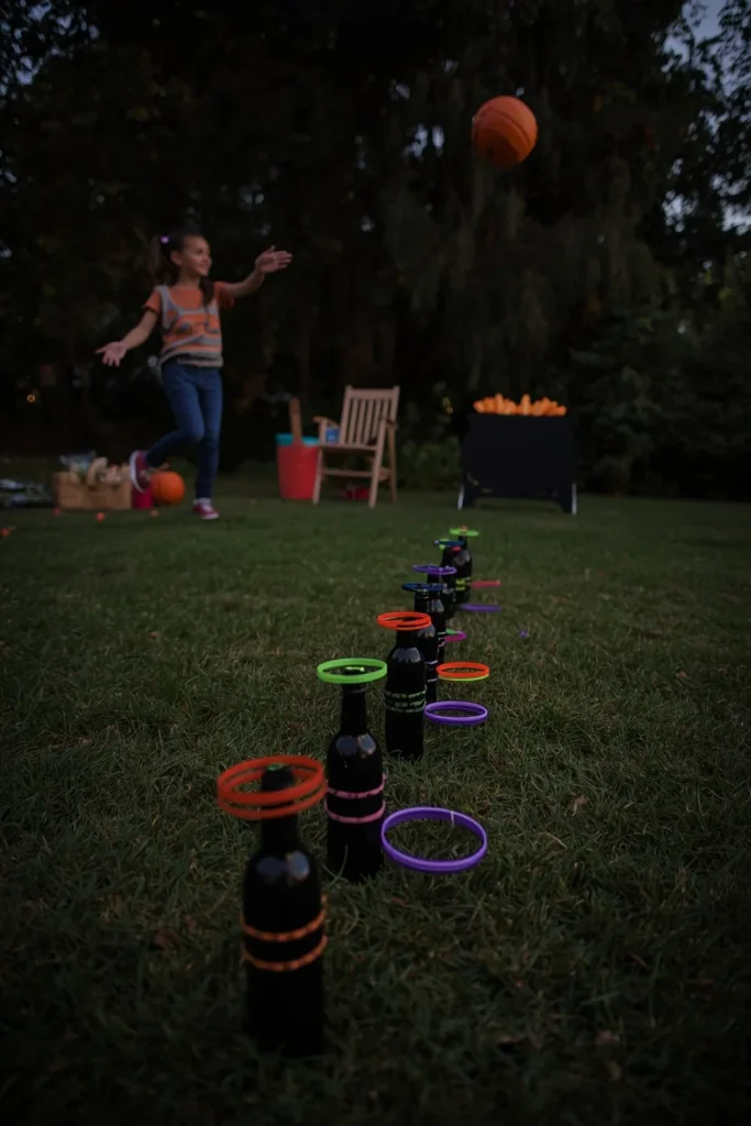 outdoor kids party game, featuring glow bracelets used as toss rings 