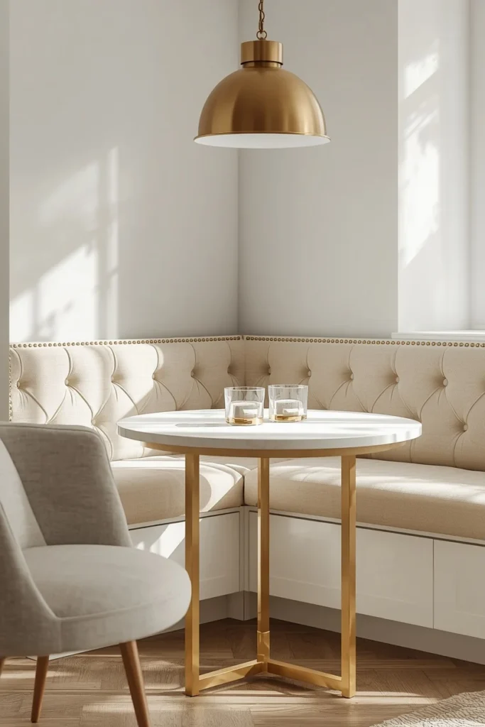 21 Kitchen Banquette Seating Ideas That Make Every Meal Feel Special 22 upscale kitchen nook, featuring a cream velvet banquette bench trimmed with brass nailhead detailing