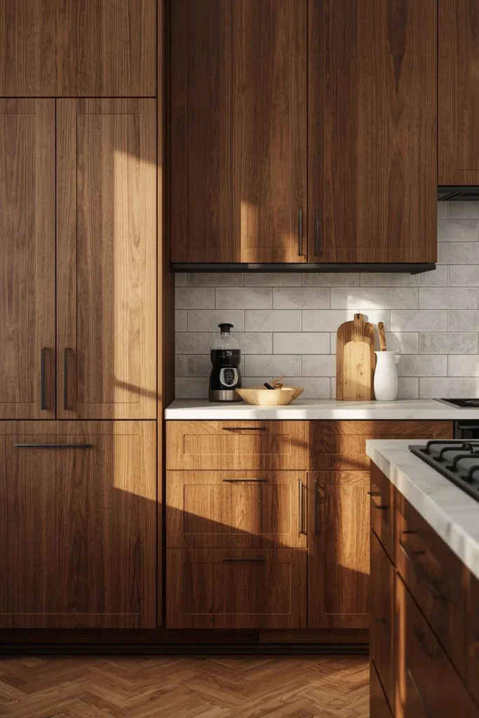  kitchen, featuring natural walnut stained cabinets with visible wood grain, black hardware