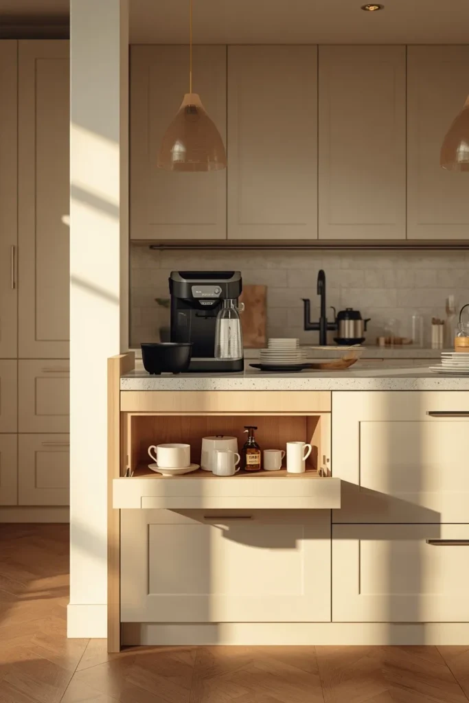  kitchen island, featuring an appliance garage on one end with a retractable door 