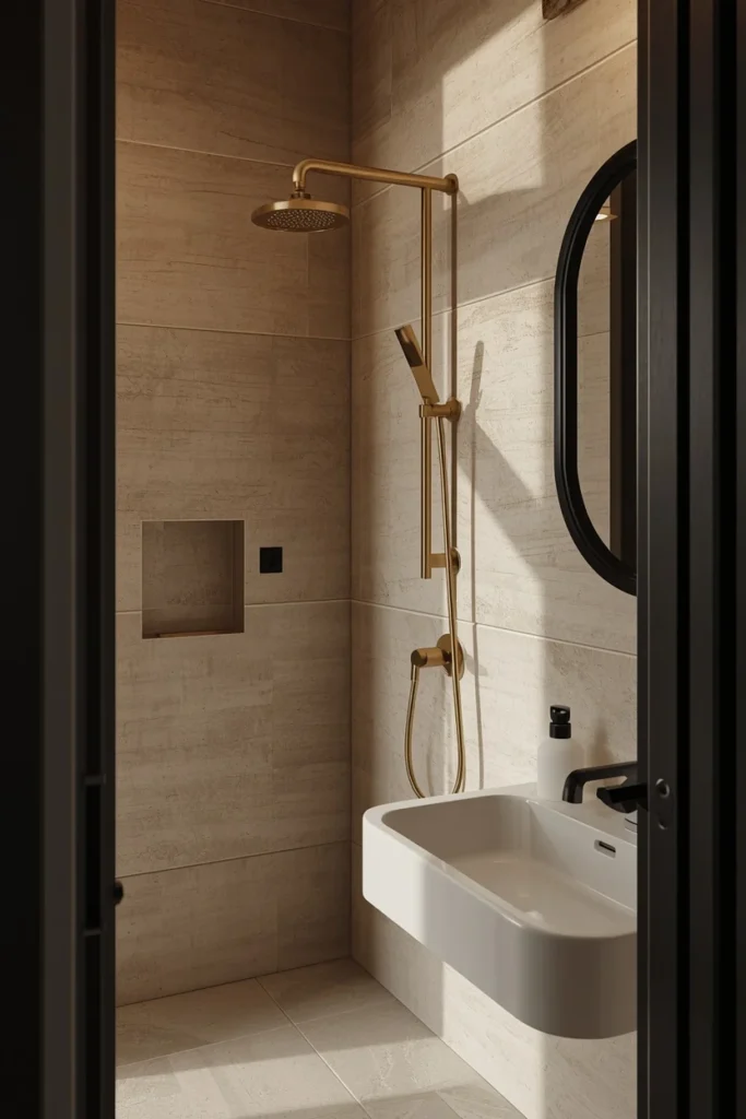 25 Modern Bathroom Designs That Look Like a 5-Star Spa Retreat 22 bathroom, featuring brushed brass faucet and showerhead as the dominant metal finish,
