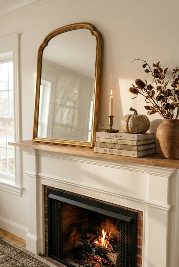 fireplace mantel, featuring an asymmetrical arrangement with a large leaning mirror
