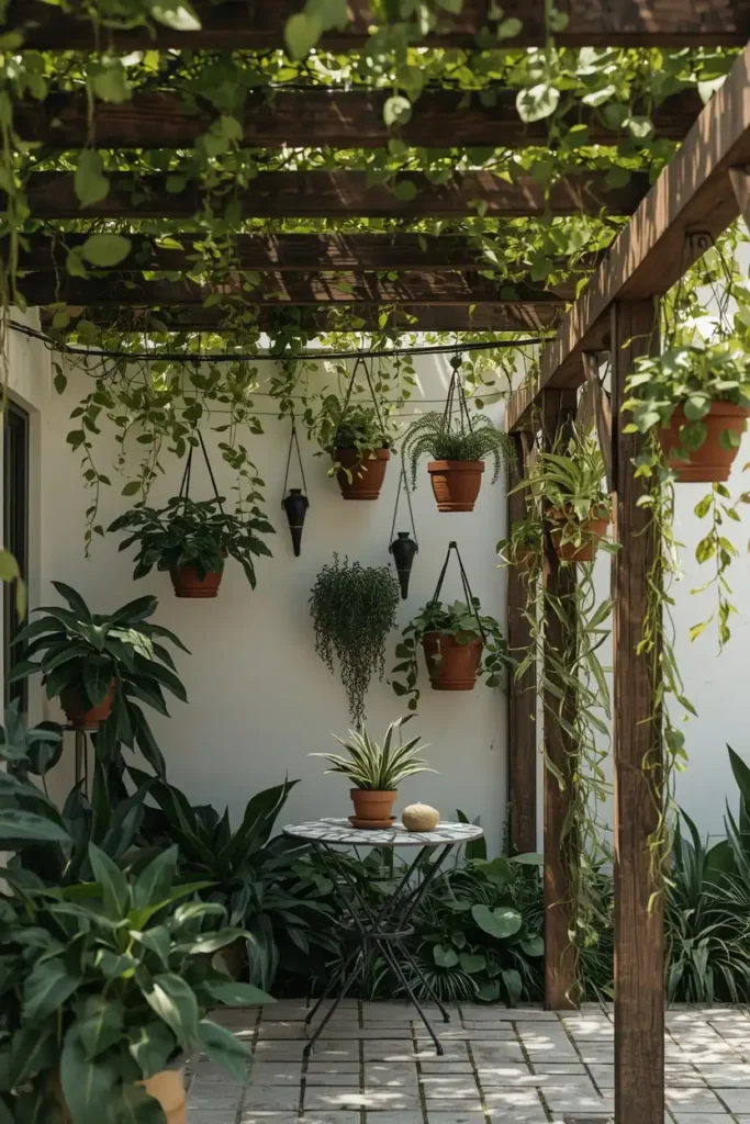 backyard pergola, featuring multiple hanging planters with trailing green pothos 