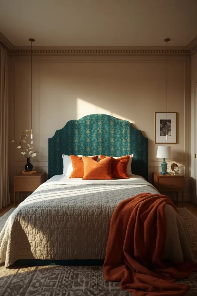  small bedroom, featuring an oversized scalloped headboard in a bold jewel-tone 