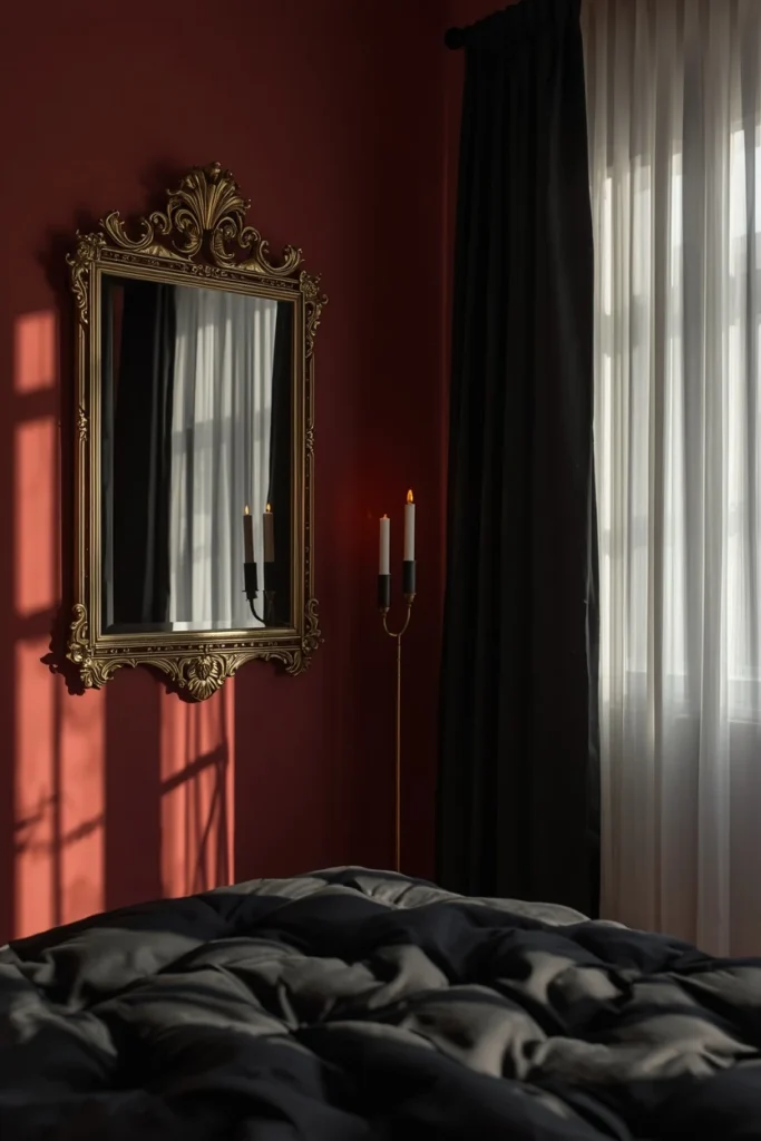 21 Vampy Romantic Bedroom Ideas for a Moody, Gothic-Chic Retreat 22 bedroom shot, featuring dark oxblood walls balanced by a large ornate mirror