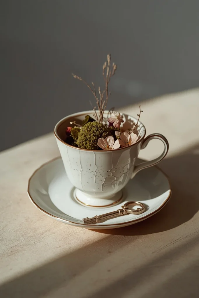 23 Vintage Halloween Decor Ideas That Look Straight Out of an Old Storybook 22 small still life, featuring a chipped vintage teacup and saucer filled