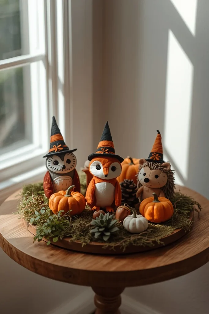 25 Whimsical Halloween Decor Ideas That Feel Spooky and Cute 22 side table, featuring small felt woodland animals including an owl, fox,