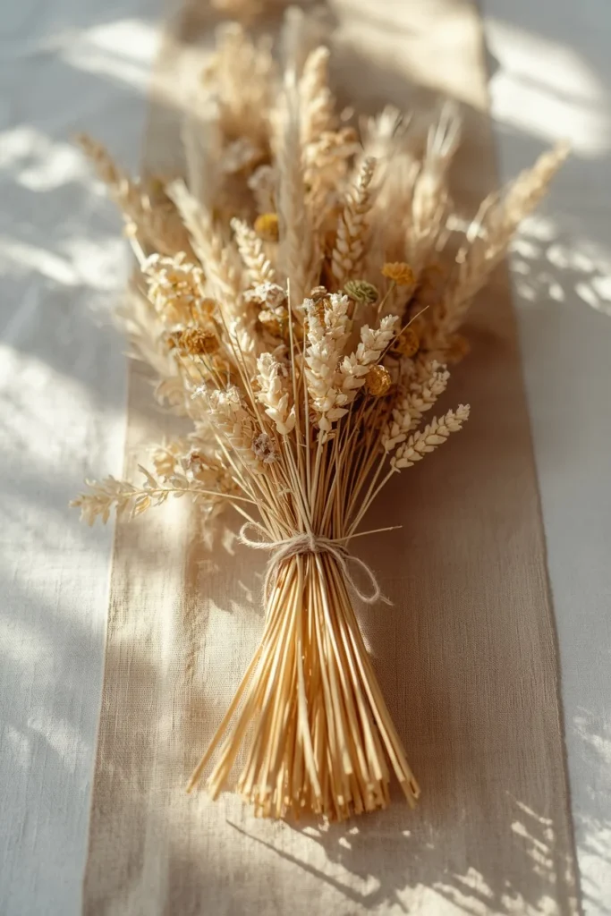  dining table centerpiece, featuring a bundle of dried wheat and dried flowers tied with twine laid 