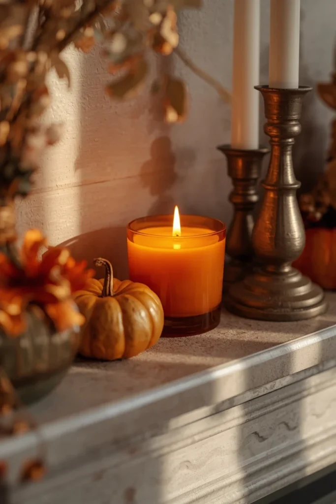  fireplace mantel close-up, featuring a warm amber-toned scented candle glowing softly